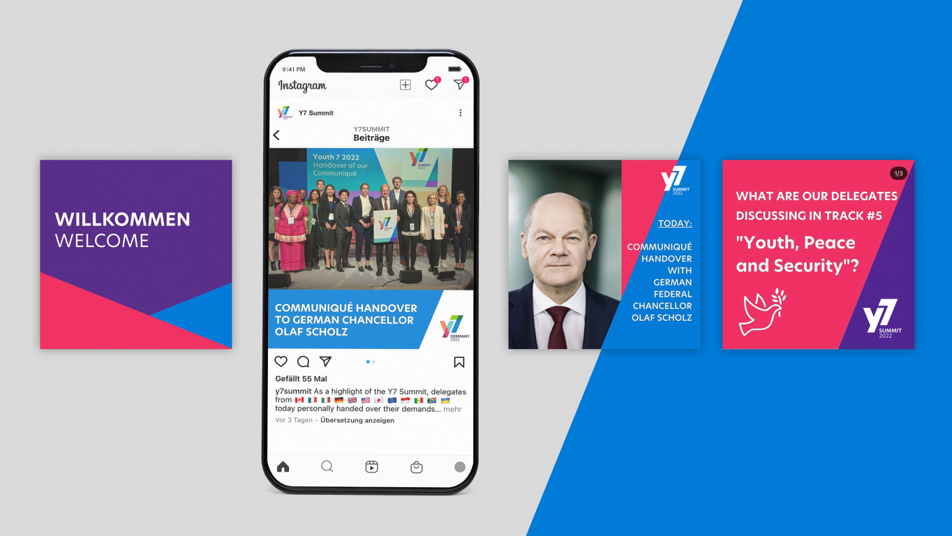Social Media Design für den Y7 Summit mit Instagram-Posts zu Jugend, Frieden und internationaler Zusammenarbeit