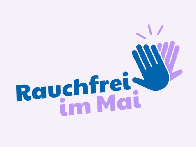 ogo der Kampagne „Rauchfrei im Mai“ mit stilisierten Händen in Blau und Lila