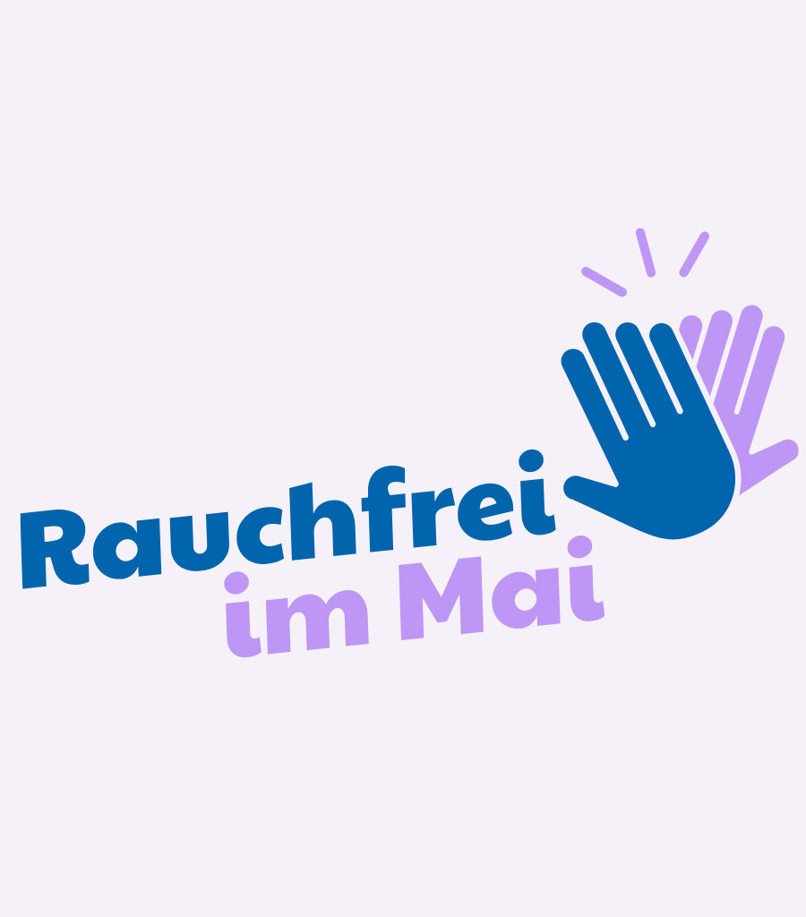 ogo der Kampagne „Rauchfrei im Mai“ mit stilisierten Händen in Blau und Lila