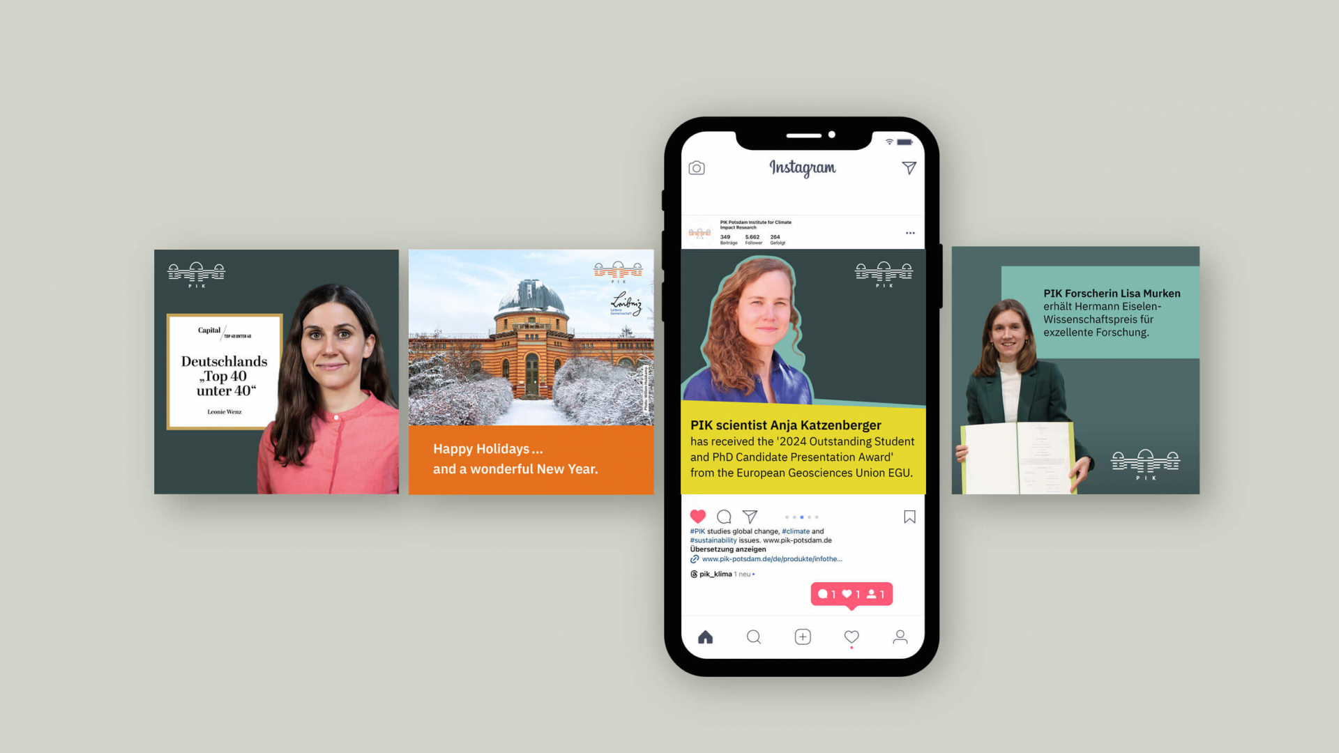 PIK Potsdam-Institut für Klimafolgenforschung, Social Media, Templates, Posts für Instagram und LinkedIn, zeigt Leonie Wenz, Anja Katzenberger, Lisa Murken, Leipniz Institute