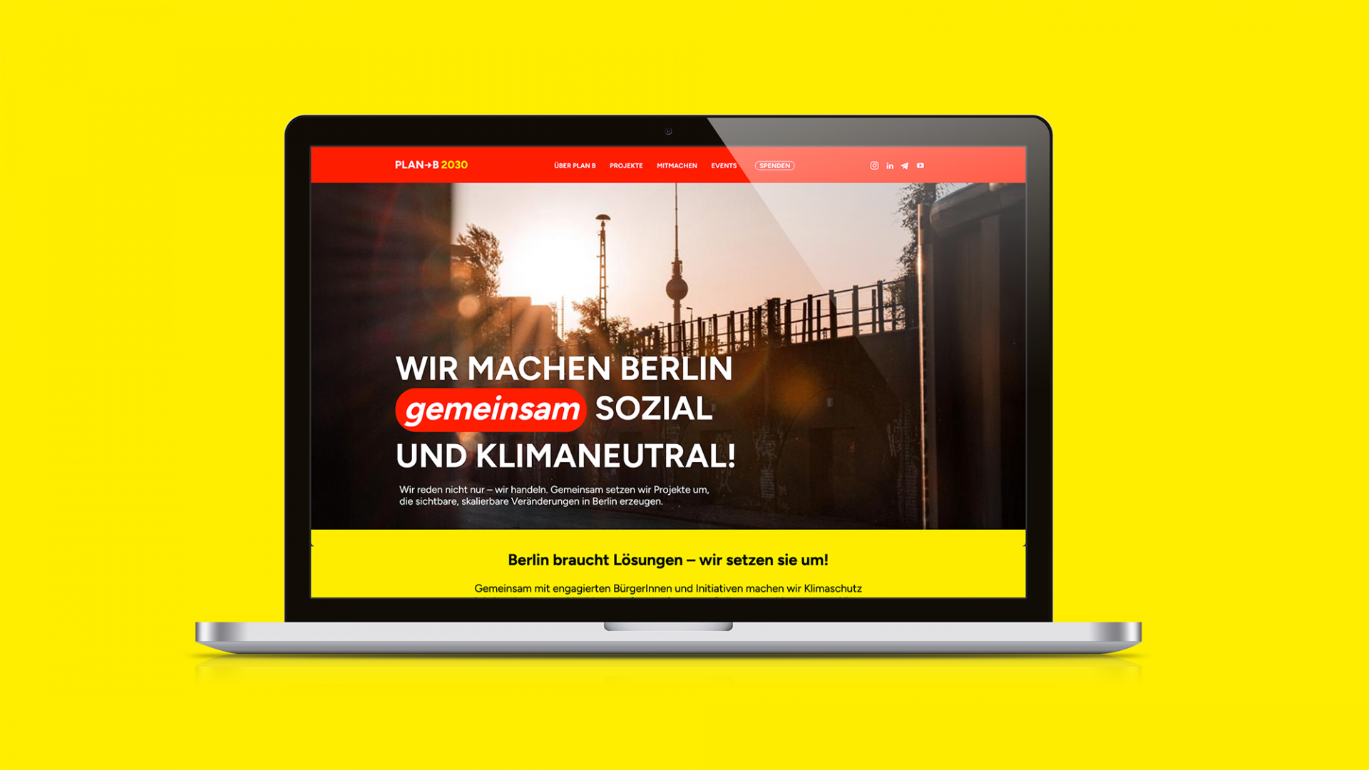Branding für PlanB2030. Webdesign auf Laptop Screen.