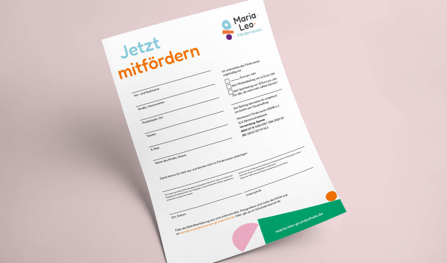 Antrag Maria-Leo-Grundschule in Pankow, Förderverein, Designkonzept, Design simpelplus+ Montessori, Corporate Design