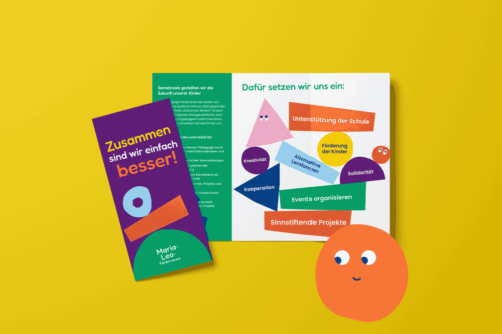 Flyer Klappflyer Maria-Leo-Grundschule in Pankow, Förderverein, Designkonzept, Design simpelplus+ Montessori, Corporate Design, Illustration