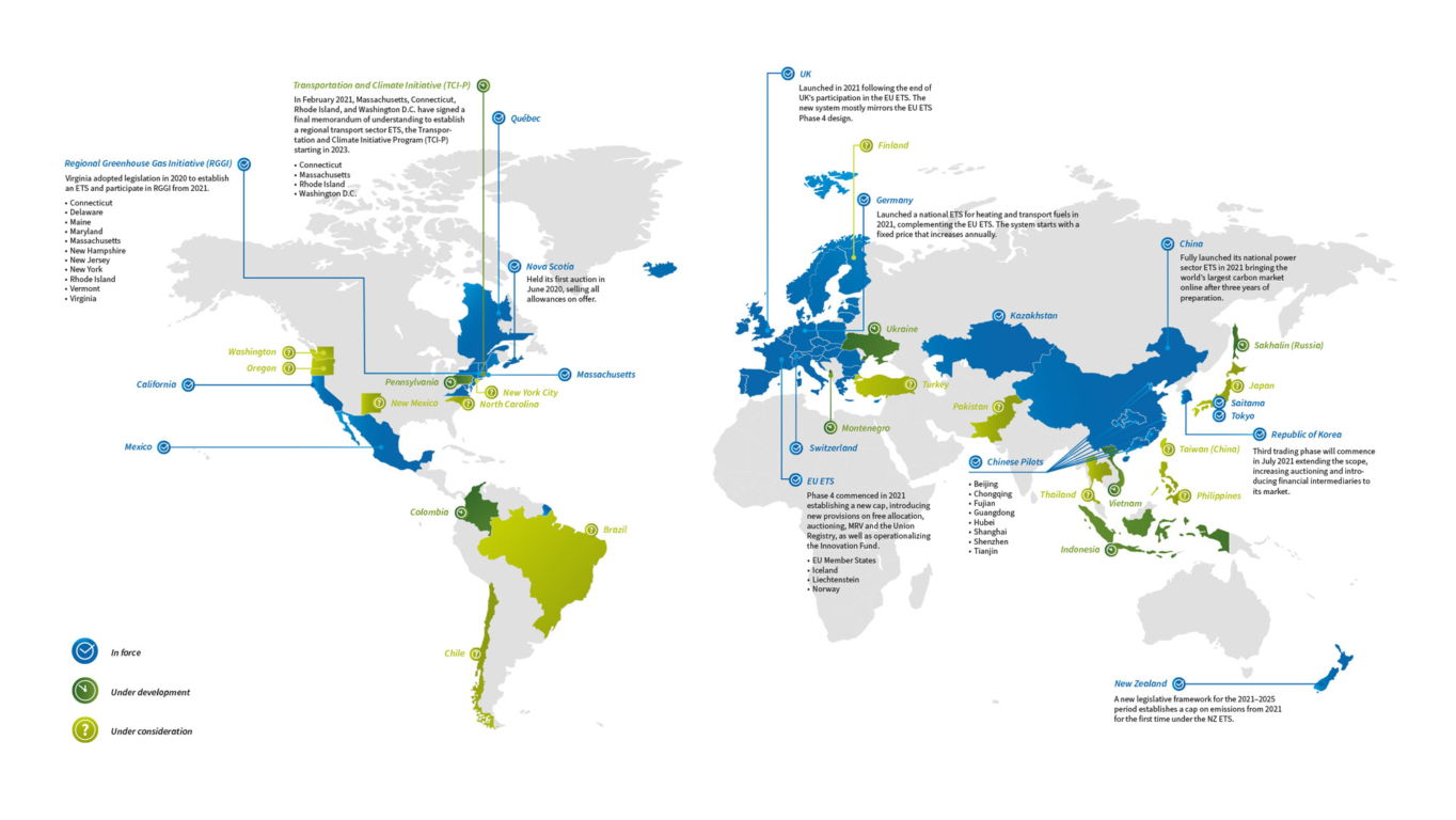 ICAP Worldmap showing Systems in force, under development, under consideration