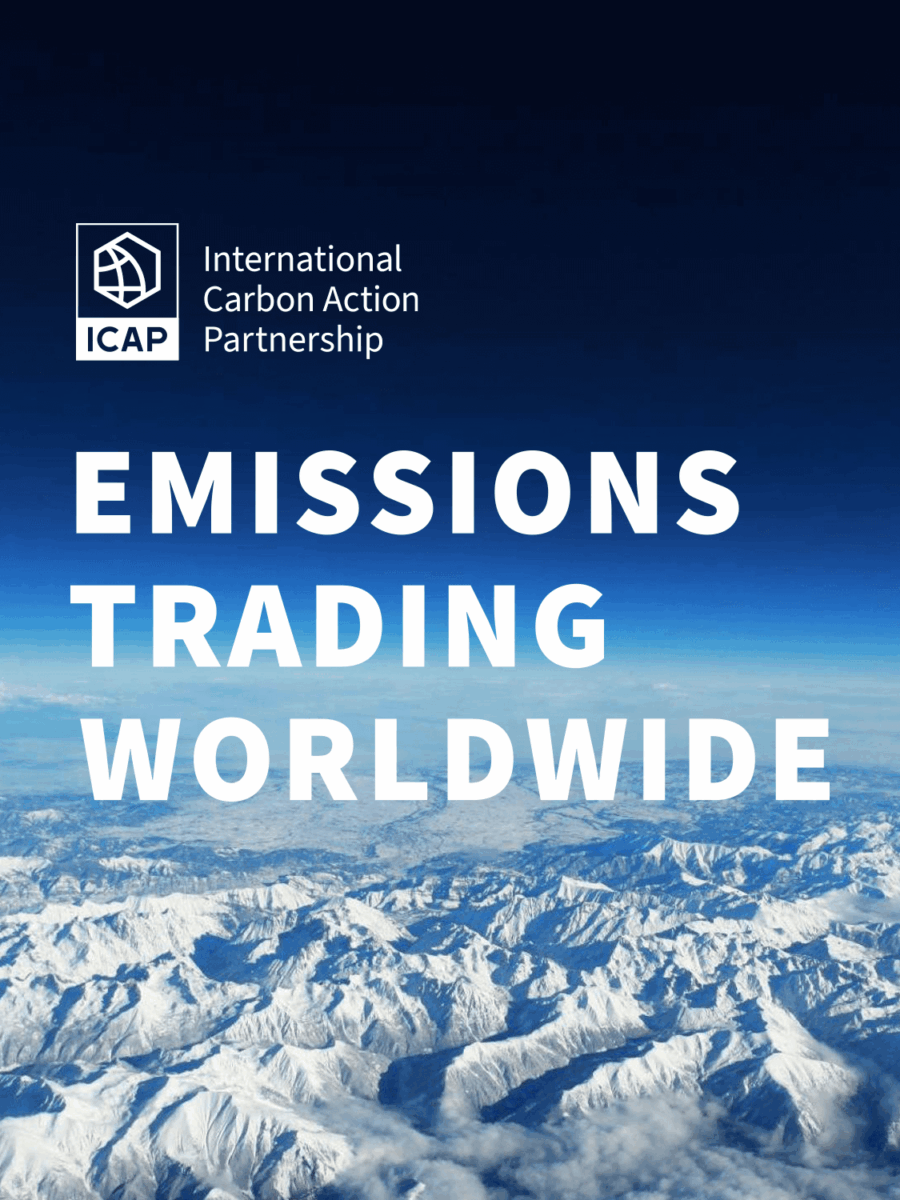 Icap Logo auf Hintegrundbild. Emissions trading worldwide als slogan darauf.