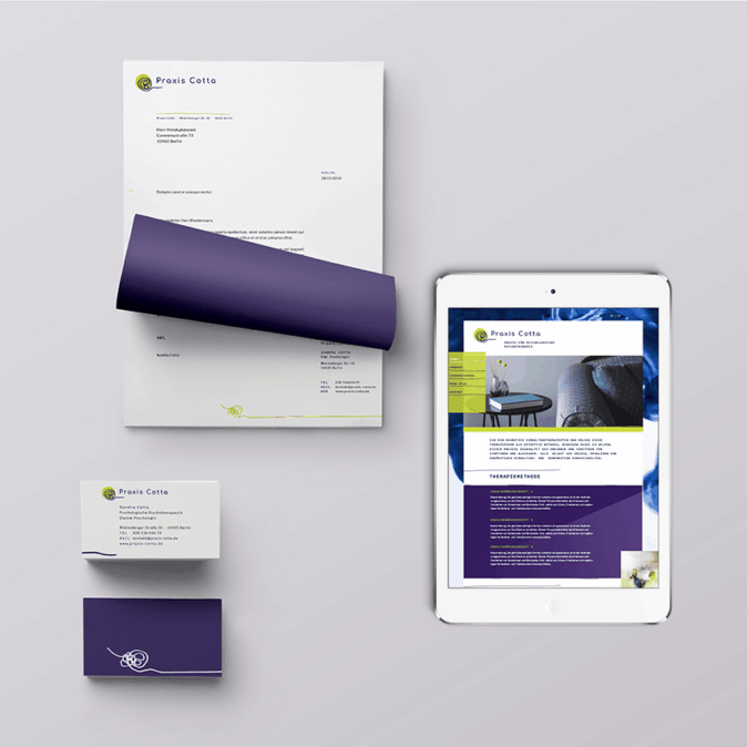 Corporate Design und Website der Praxis Cotta mit Logo, Briefpapier, Visitenkarten und digitalem Auftritt