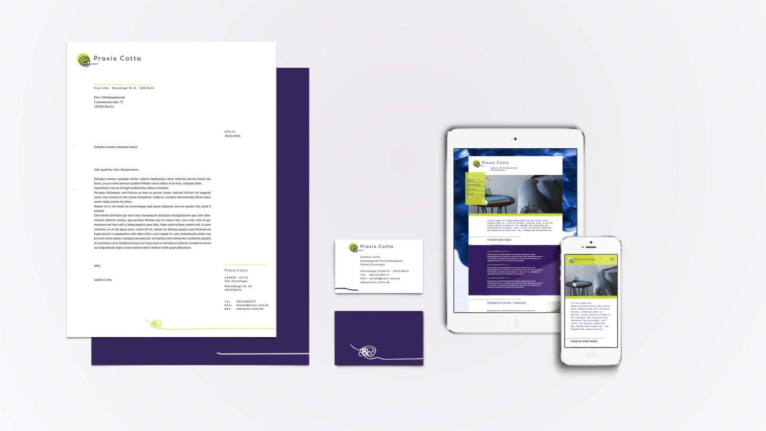 Corporate Design und Geschäftsausstattung der Praxis Cotta mit Printmedien und Website auf verschiedenen Geräten
