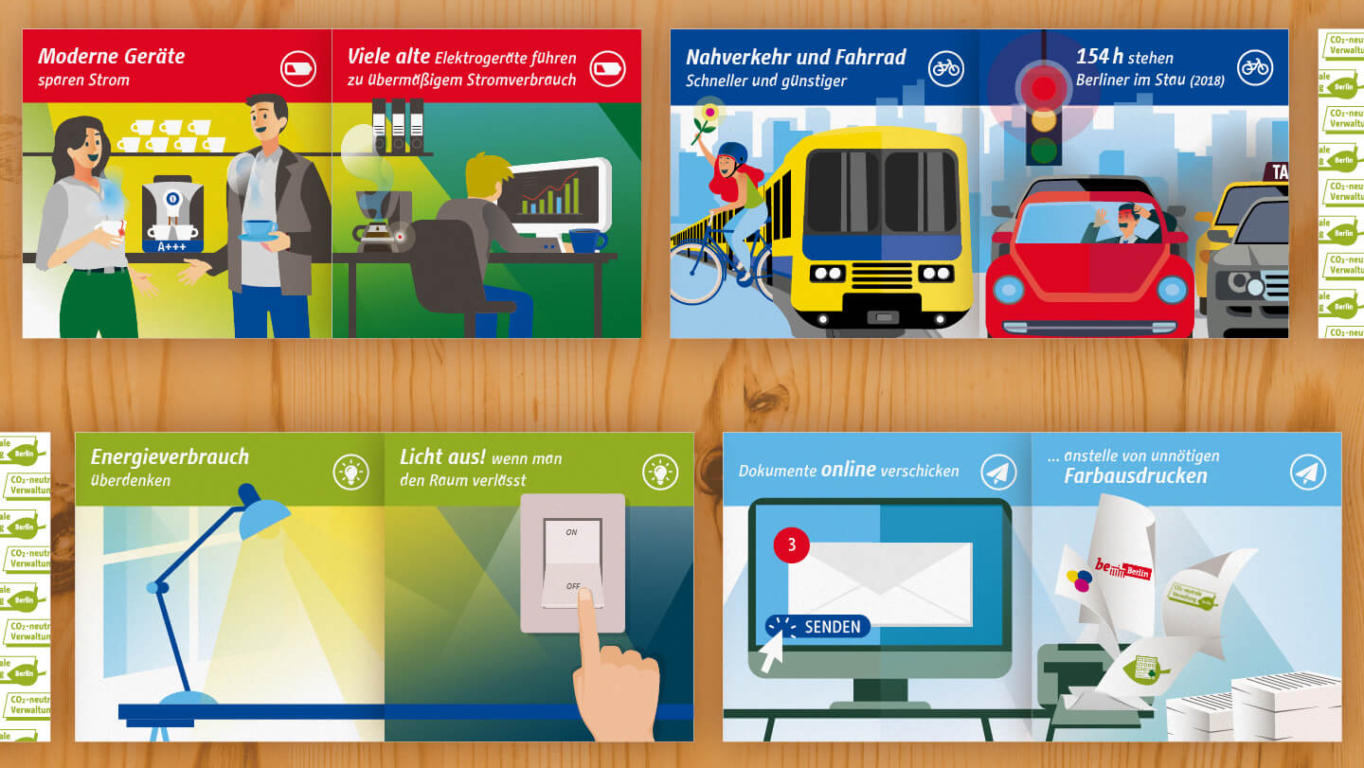Illustrationen eines Klimaschutz-Memory-Spiels mit Tipps zu Energie, Mobilität und Konsum für die Senatsverwaltung Berlin für Verkehr, Klima und Umwelt