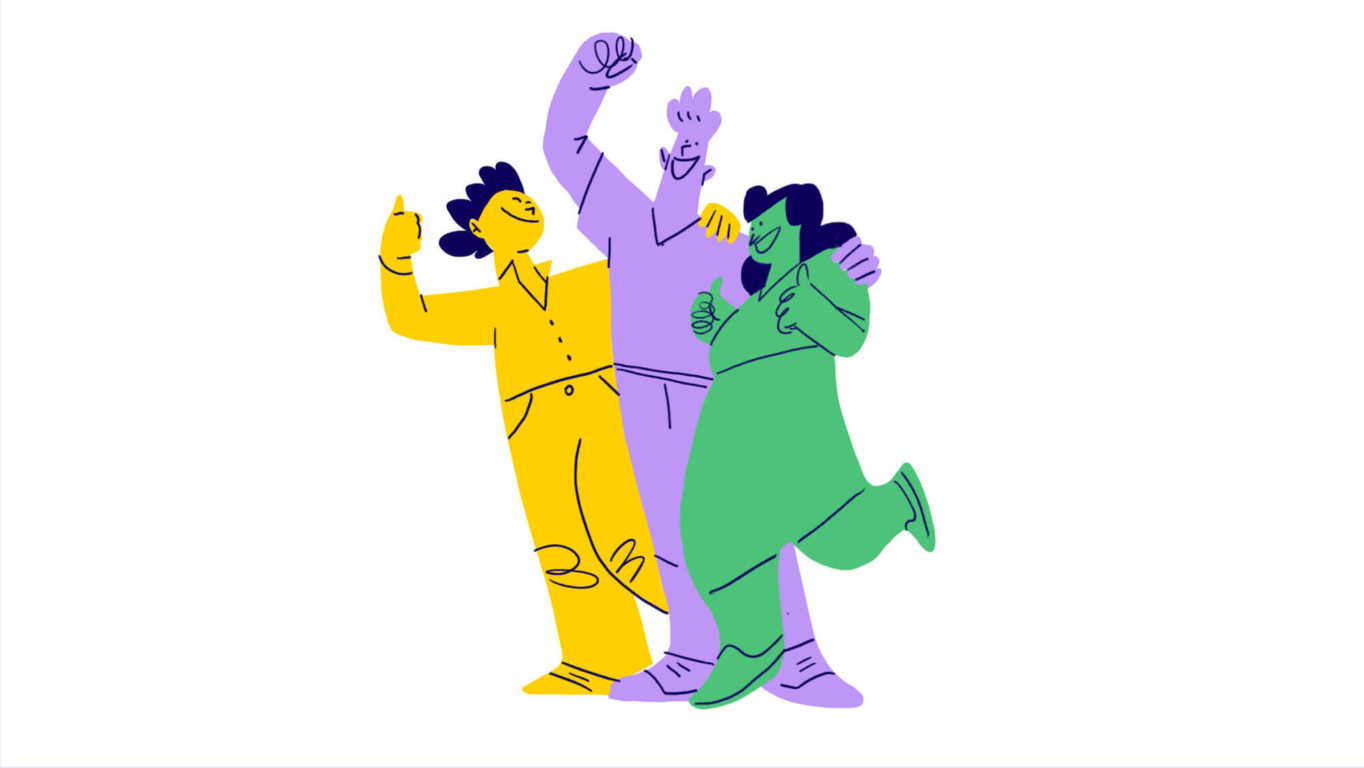 Illustration von drei jubelnden, stilisierten Personen in Gelb, Violett und Grün, die Gemeinschaft und Erfolg symbolisieren.