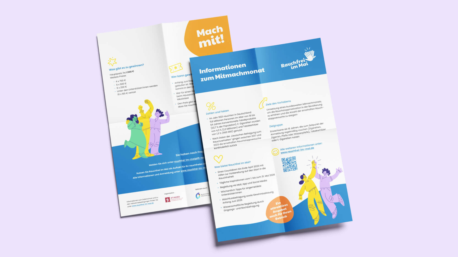 Zwei Infoblätter der Kampagne „Rauchfrei im Mai“ mit Details zu Gewinnspielen, Zahlen und Fakten sowie dem Ablauf der Aktion.